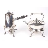 A late 19th century silver plated kettle on stand and a Christofle chocolate pot on a stand.