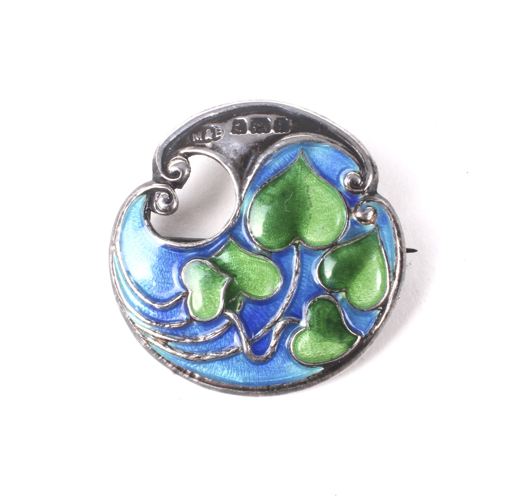 An Art Nouveau silver and enamel shaped-round brooch by Marples and Beasley.