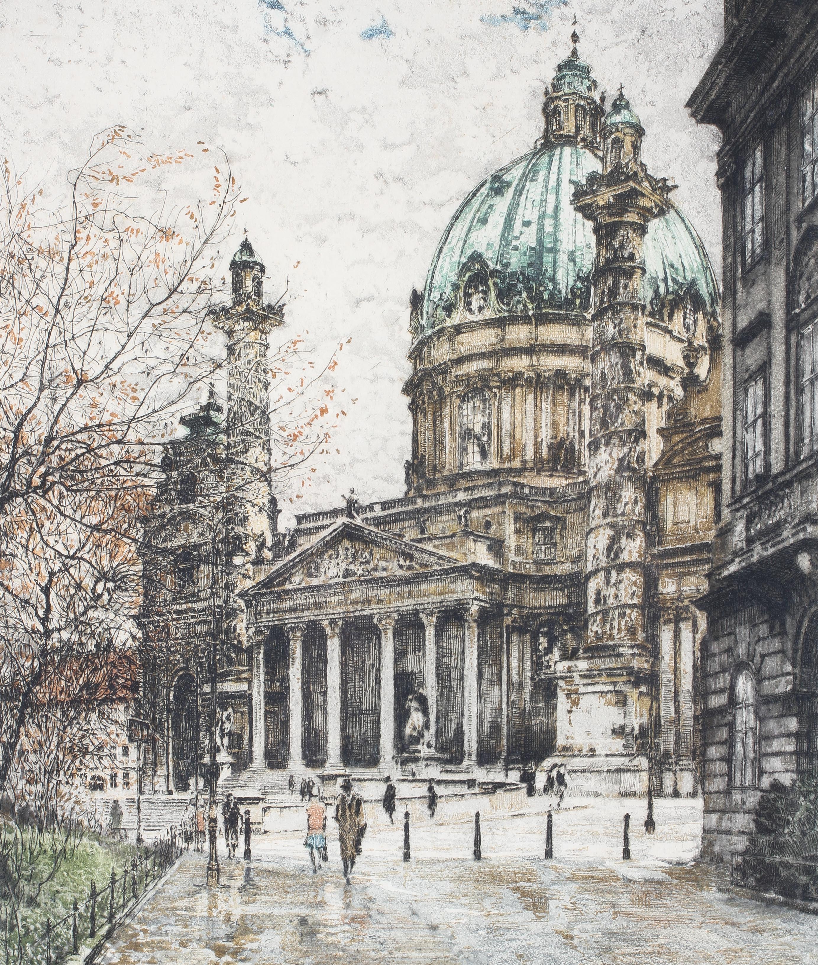 After Tanna Kasimir-Hoernes (Austrian, 1887-1972), Karlskirche, Vienna, coloured etching.