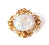 An early 20th century Continental gold, opal and seed-pearl brooch.