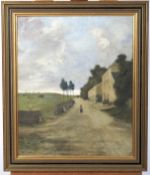 Early 20th Century School, Figures Walking before buildings in Pastoral Landscape, oil on canvas.