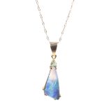 An Australian opal and emerald pendant and chain.