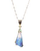 An Australian opal and emerald pendant and chain.