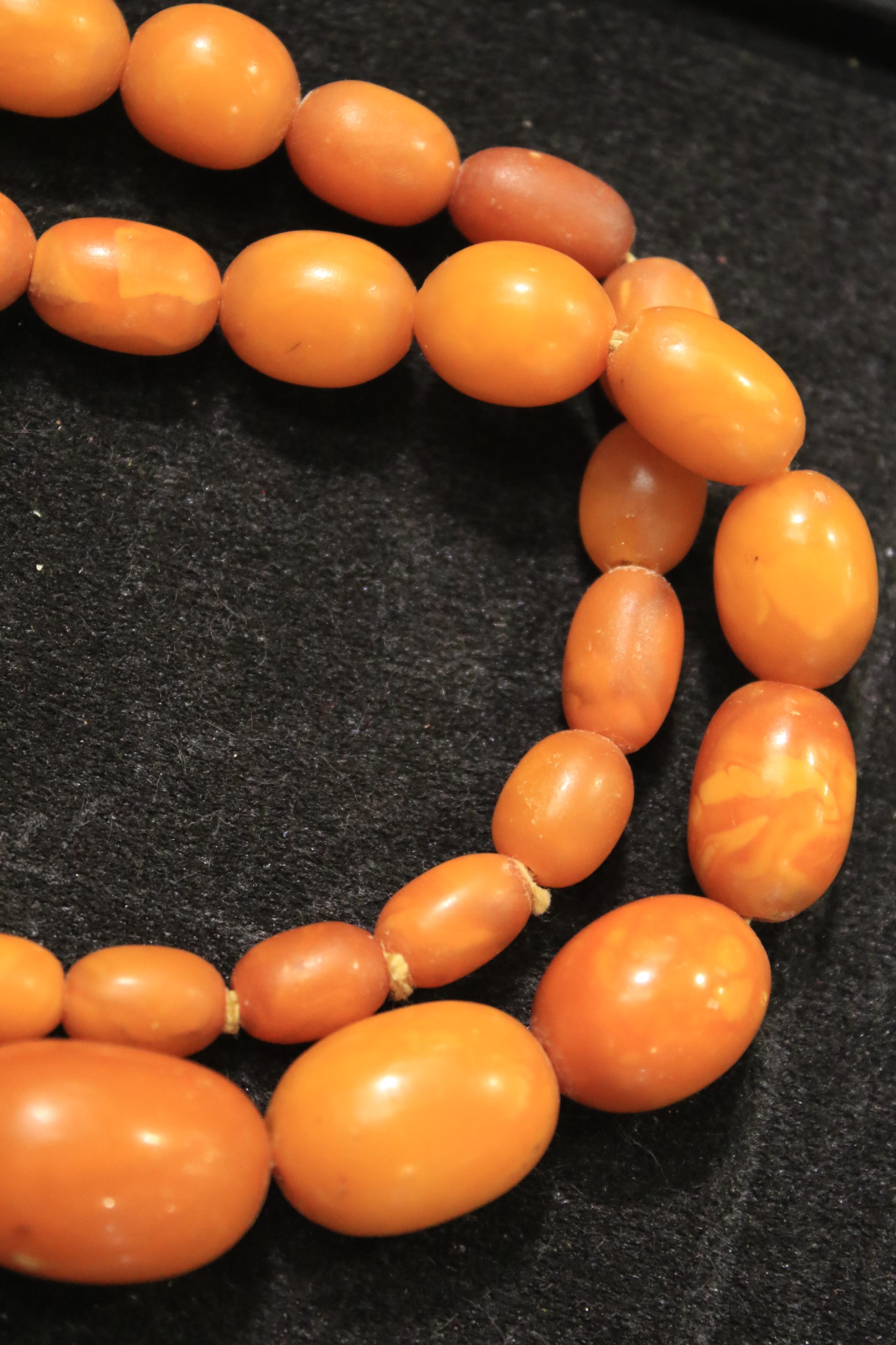 A amber oval bead necklace, the 46 varigated butterscotch-coloured oval beads - Image 7 of 14