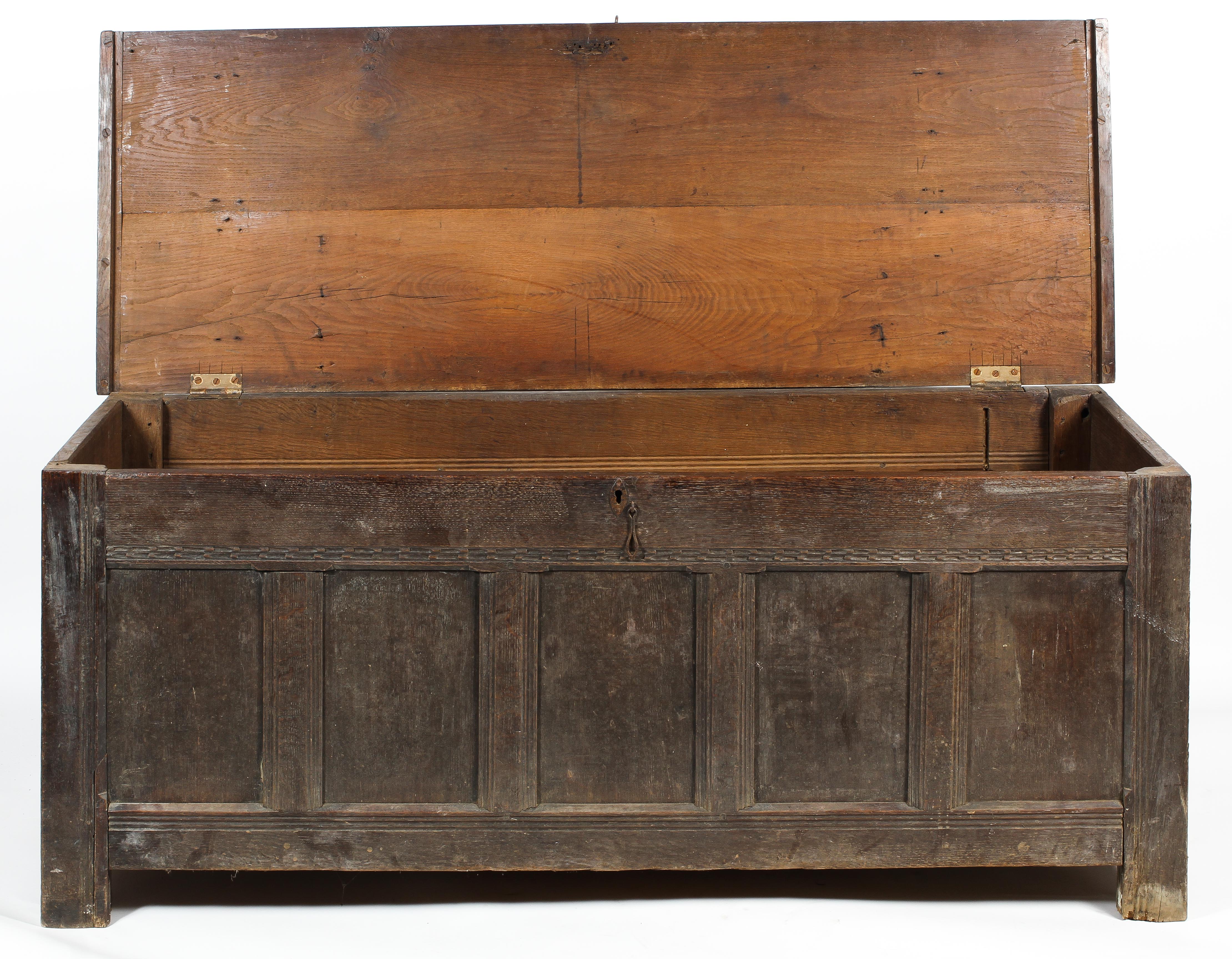 An 18th century oak paneled coffer of large proportion.