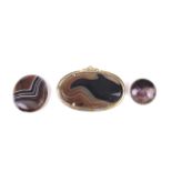 Two hardstone brooches and an oval agate panel.