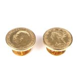 A pair of Chinese yellow metal and gold coin set round cufflinks;