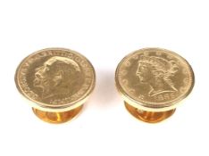 A pair of Chinese yellow metal and gold coin set round cufflinks;