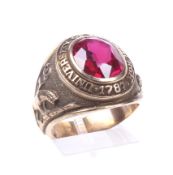 A vintage American synthetic ruby 'college' or class ring.