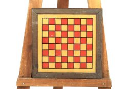 Edwardian hand painted glass chess board set in a rectangular oak frame