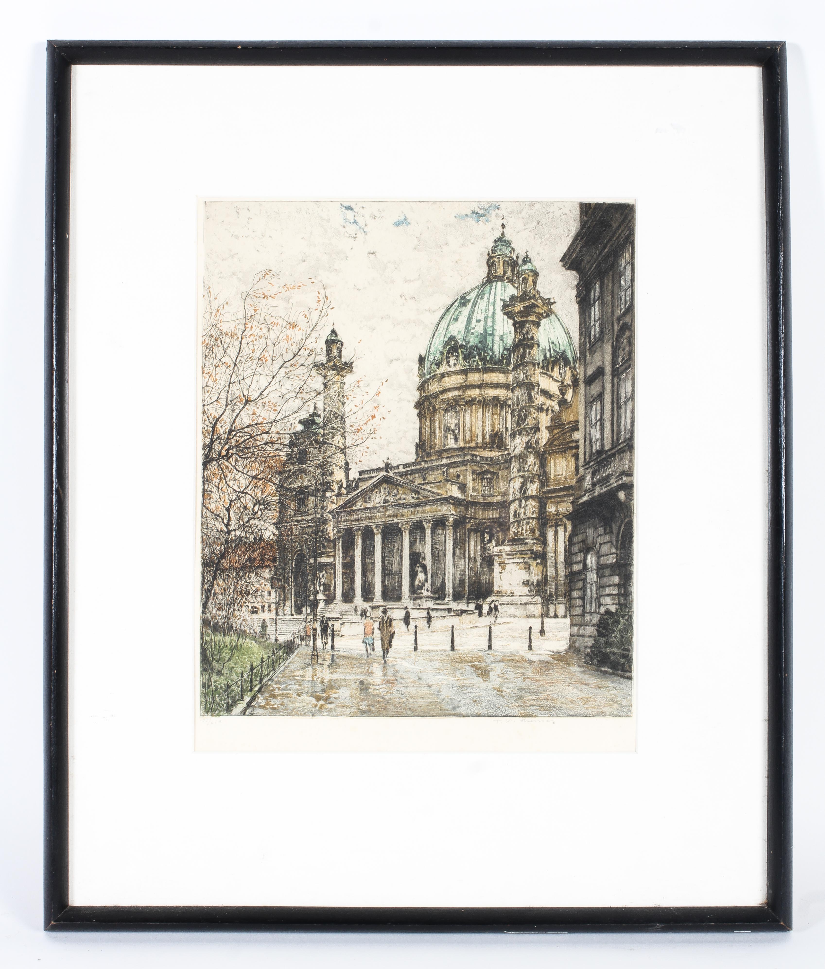 After Tanna Kasimir-Hoernes (Austrian, 1887-1972), Karlskirche, Vienna, coloured etching. - Image 3 of 3