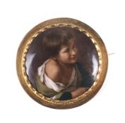 An early 20th century Continental gold and painted porcelain panel round brooch.