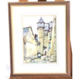 Joan Winby (20th/21st Century), Old Woman in Continental Turreted Medieval Townscape,