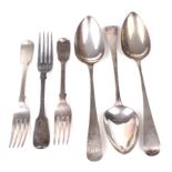Three silver forks and three silver tablespoons.