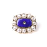 An early 19th century gold, pearl and blue enamel oblong brooch.