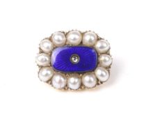 An early 19th century gold, pearl and blue enamel oblong brooch.