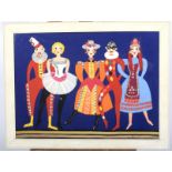 Mid-20th century felt and needlework panel depicting clowns and dancers.