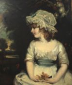 British School, a portrait of a young girl in landscape in the style of Joshua Reynolds.