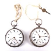 Two open faced silver pocket watches.