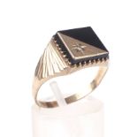 A 9ct gold, black onyx and tiny diamond square signet ring,