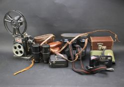 An assortment of vintage binoculars and cameras.
