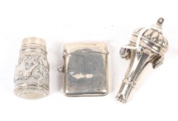 A silver vesta case, a silver teething rattle (top only) & a white metal Indian seal.