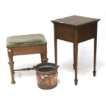 An early 20th century mahogany sewing table, a piano stool and a copper bucket.