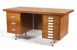 A mid-century teak twin pedestal desk.