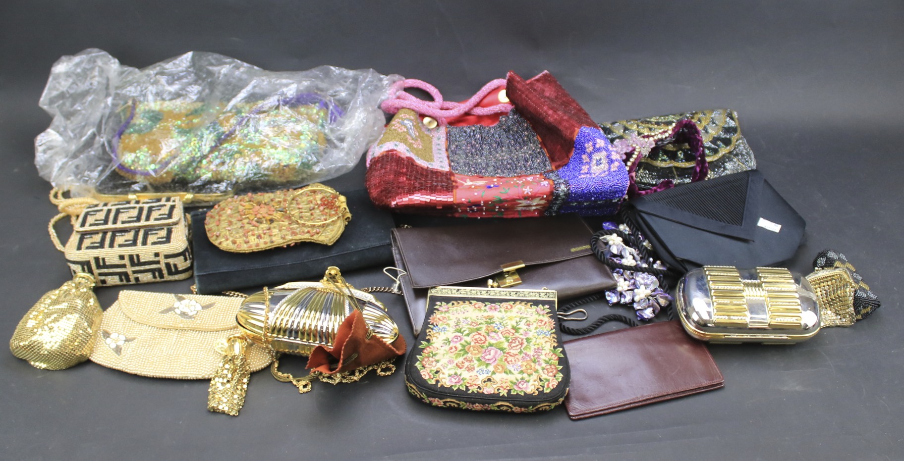 A collection of ladies handbags.