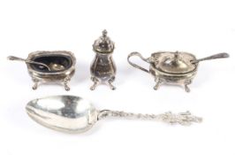 A three piece silver plated condiment set and a white metal spoon