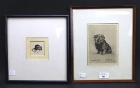 A 20th century engraving of a dog and a coloured print of a mouse.