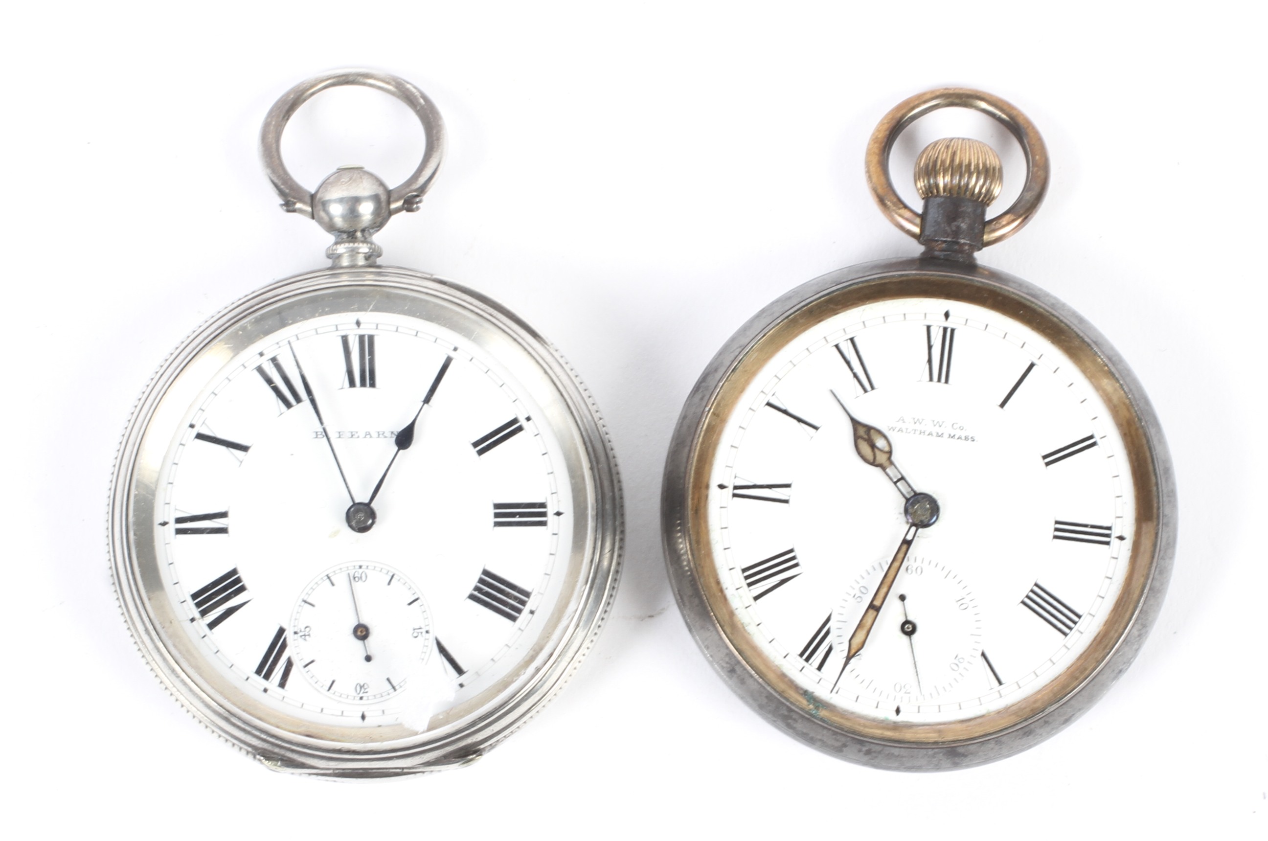 A silver cased open faced pocket watch and another pocket watch.