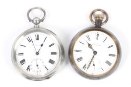 A silver cased open faced pocket watch and another pocket watch.