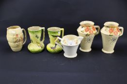 Six ceramic jugs. Comprising a Myott example.