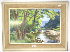 An Edwardian oil painting depicting a riverside landscape.
