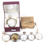 Five pocket watches and a case.