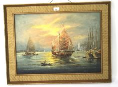 Mid-20th century school, Eastern maritime scene. Oil on board depicting Chinese Junks under sail.