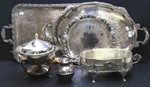 An assortment of silver plate tableware. Including two twin handled trays L71cm.