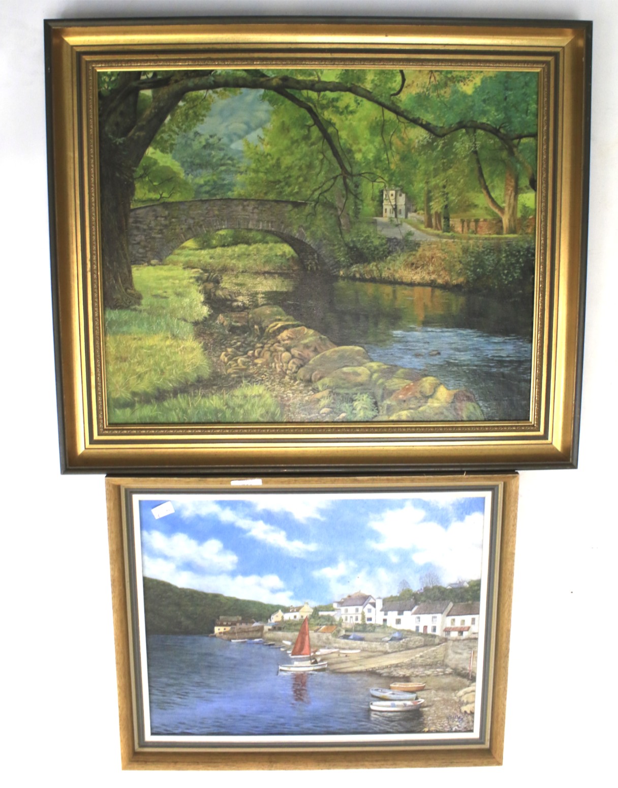 Two oil on boards. Both signed 'Holley', one depicting a row of houses beside a port, 44.5cm x 34.