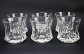 A set of six contemporary drinking glasses. Each with moulded decoration, H9.