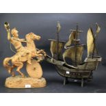 A 20th century gilt metal Marley horse table lamp and a model of a boat.