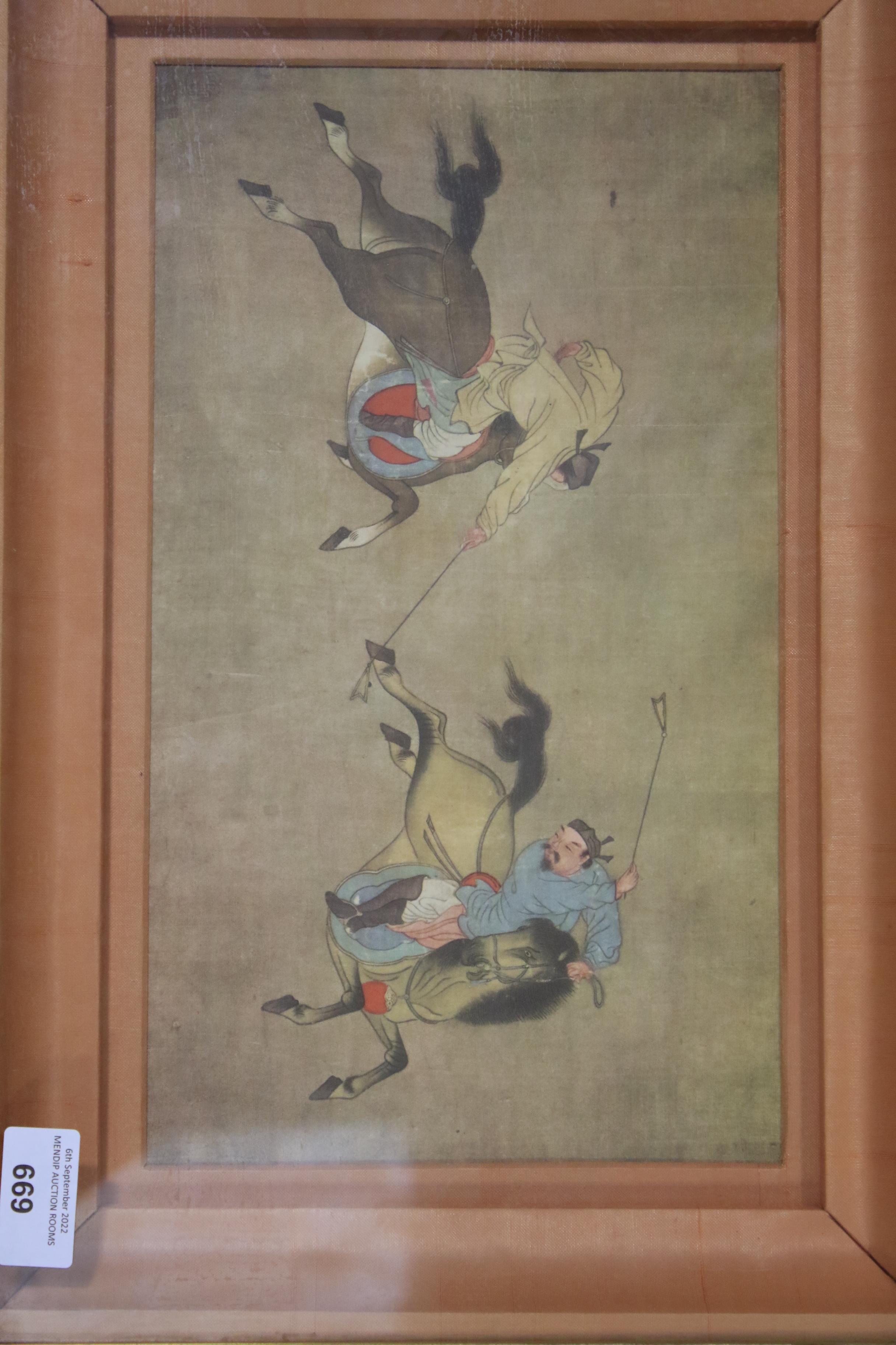 A Chinese framed and glazed woodblock coloured print depicting two men on horseback playing a form - Image 2 of 6