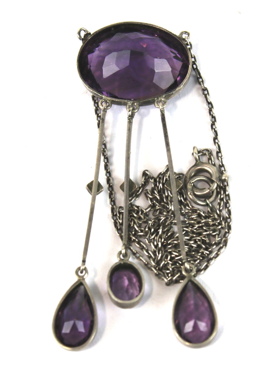 A Continental amethyst and half-pearl pendant necklace;