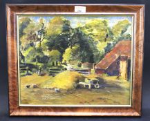 A 20th century oil on board. Depicting a farmyard scene, unsigned,