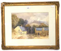 A 20th century watercolour landscape. Depicting buildings alongside a country lane, signed