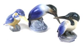 Three ceramic models of kingfishers. Comprising two Royal Copenhagen examples,