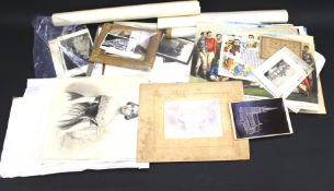 An assortment of Victorian and later prints, photographs and a watercolour painting.