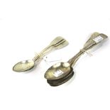 A set of five silver dessert spoons and three silver tablespoons.