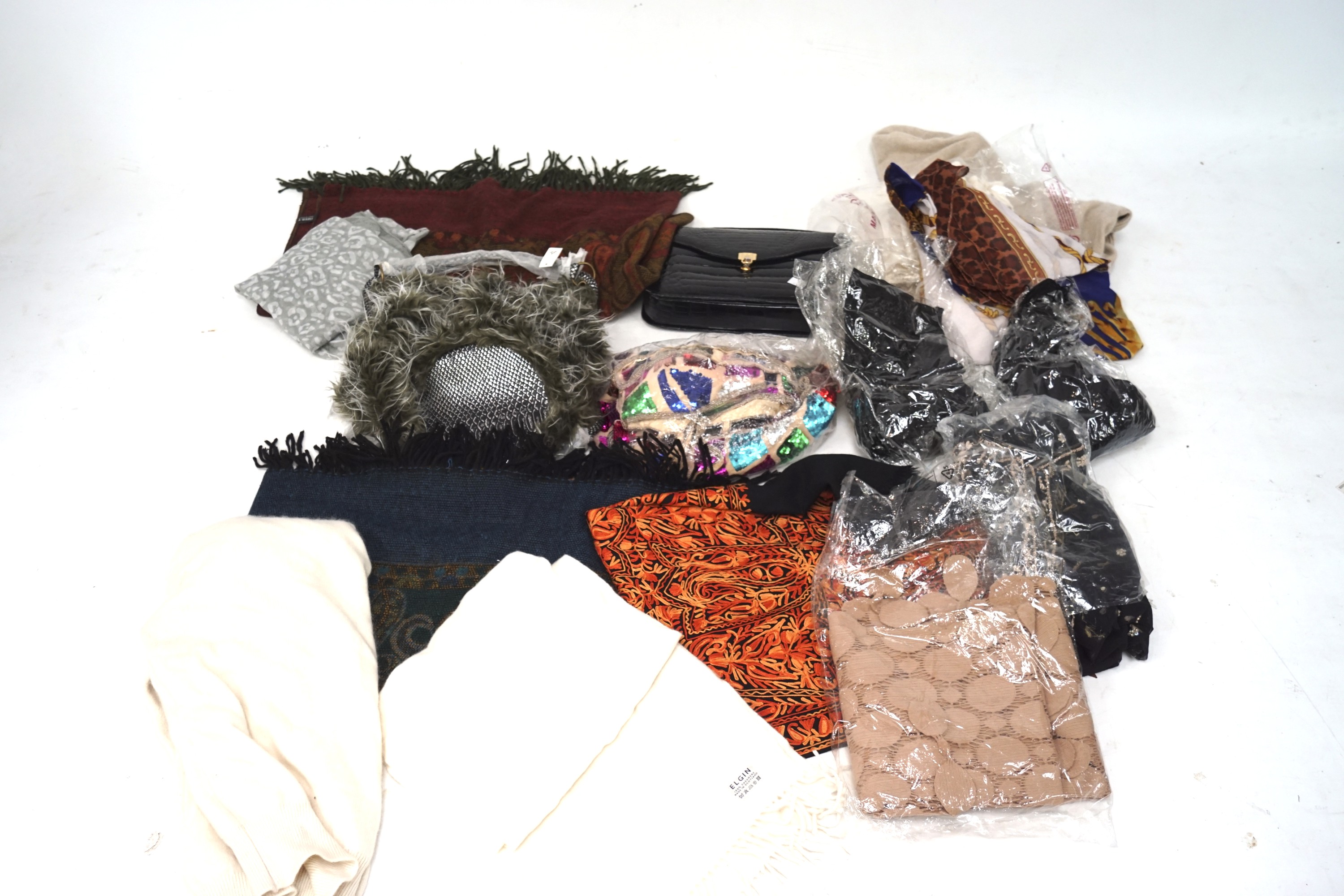 A large collection of scarves, handkerchiefs, knitwear, and a few handbags. - Image 2 of 2