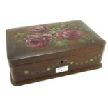 A 20th century wooden work box having painted rose and swag decoration.